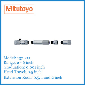 Mitutoyo 137-211 Imperial 2 - 6 inch by 0.001 inch Tubular Inside Micrometer